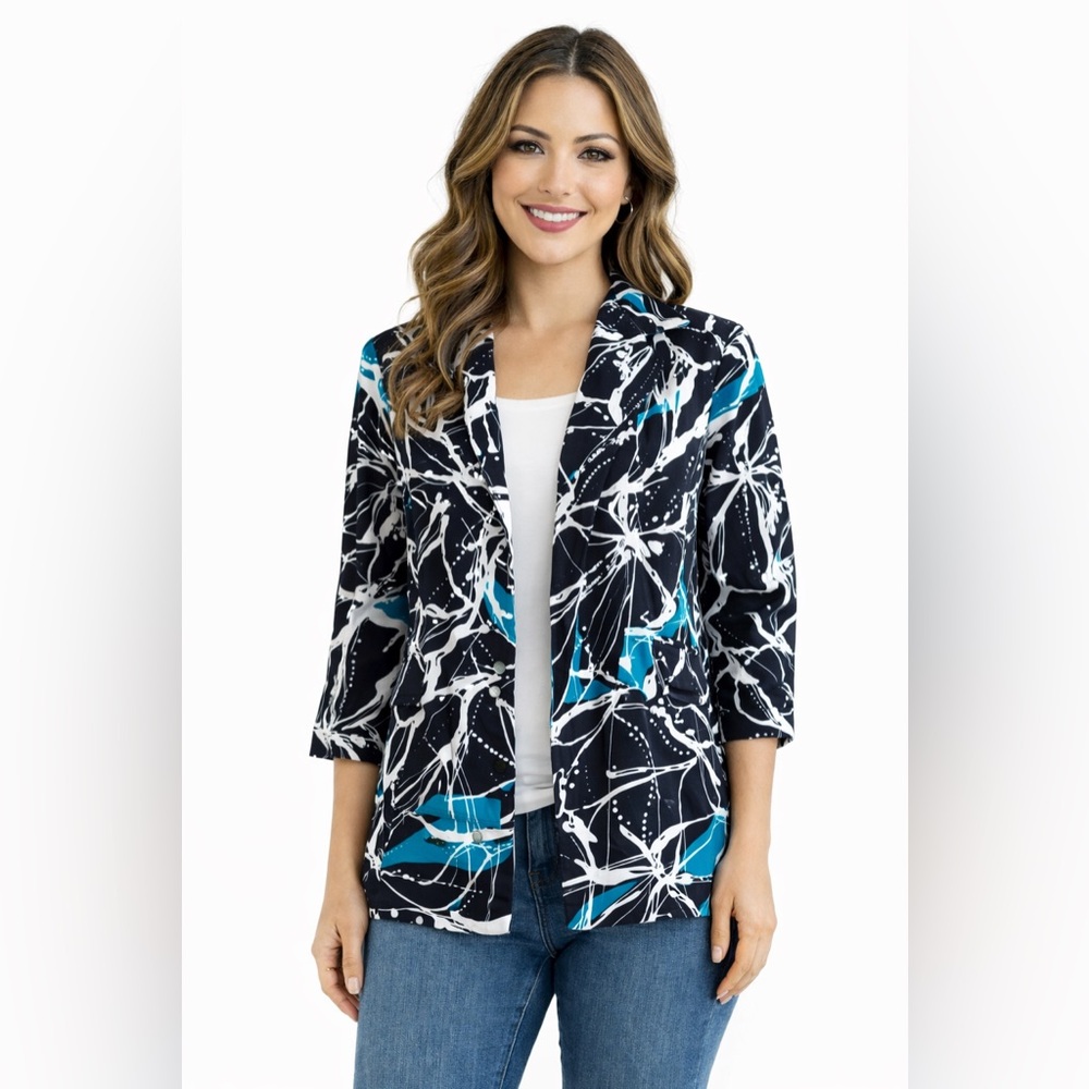 Chico's Black White Blazer with Blue Highlights Abstract 3/4 Sleeves